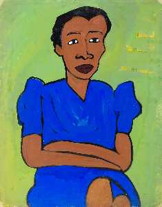 Seated Woman in Blue Dress with Arms Crossed