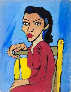 Woman in Red Dress on Yellow Chair