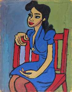 女人在蓝色 礼服  在  红  椅子