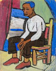 Seated Man with Red Shoes and Blue Hair
