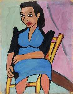 座っている女性 インチ 青色 と  黒  ドレス