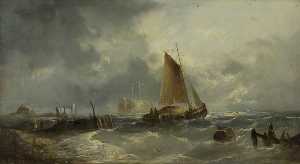 Stormy Seascape with a Sailing Boat Close to a Jetty