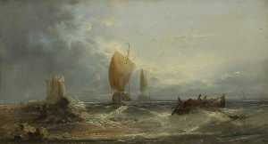 Stormy Seascape with Sailing Boats and a Rowing Boat Close to a Beach