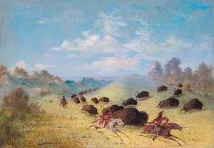 Comanche Indianer Jagend Büffel mit lanzen und bögen