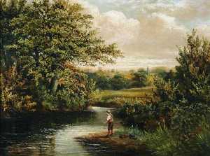 un garçon DE PECHE  dans  une  boisé  rivière  Paysage