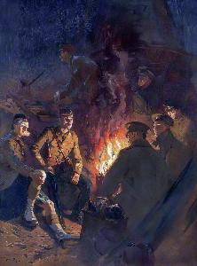 Somewhere at the Front, Soldiers Around a Camp Fire at Night, Western Front