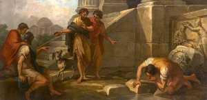 Diogenes Casting Away His Wooden Bowl as a Superfluity, on Seeing a Youth Drinking from His Hand (a set of three decorative wall panels)