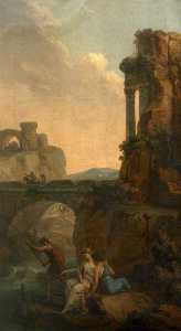 Landscape with a Bridge and Ruins with Peasants Fishing (a set of six decorative wall panels)