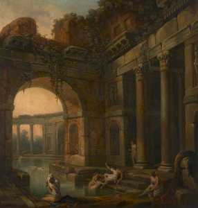 Ruins of Classical Baths with Nymphs Bathing (a set of six decorative wall panels)