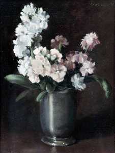 Pink and White Stocks in a Pewter Vase