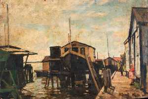 Houseboats at Milton alongside a Quay with a Girl in Red