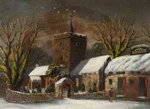 Llanbadarn Chiesa e il 'Black Lion' in inverno