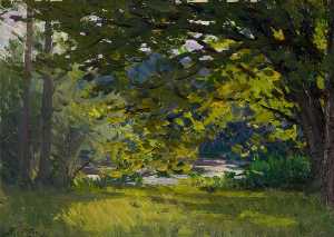 Meadow with Trees by a River