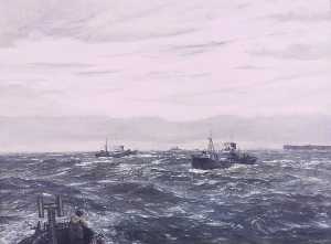 Gale Brewing in the Pentland Firth (armed trawlers patrolling HMS 'King George V' and accompanying destroyers cruising)