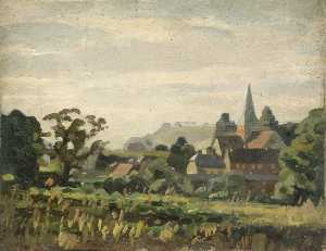Rural Scene with a Village and a Church Spire