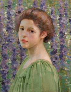 Portrait of a Girl amongst Purple Delphiniums