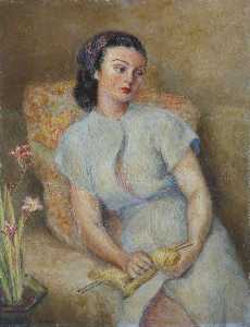 Lady Knitting with a Vase of Freesias or Crocosmia ( )