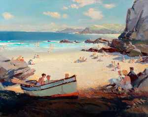 Seaside Scene with Rowing Boat in Foreground, possibly Cornwall (British Railways poster artwork)