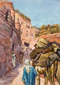Arab Leading a Camel up a Steep Village Street