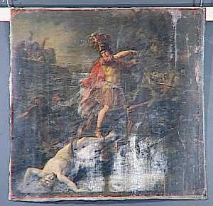 Achille trainant le corps d'Hector devant les murs de Troie et sous les yeux de Priam et d'Hécube, qui implorent le vainqueur