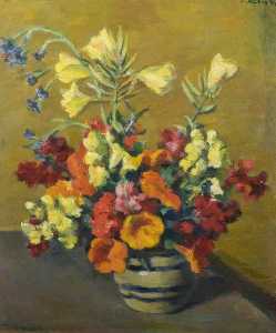 Still Life, Flowers Arranged in a Blue Striped Vase