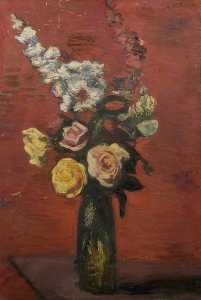 Flowers Including Roses in a Tall Vase
