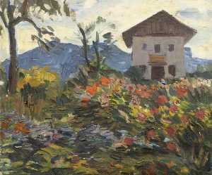 A Mass of Flowers with a House and a Mountain Beyond
