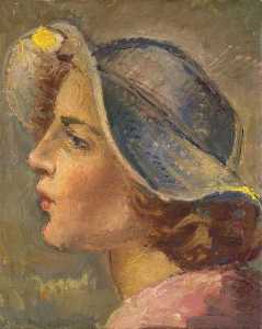 Head and Shoulders Portrait in Profile of of a Young Woman in a Broad Brimmed Hat