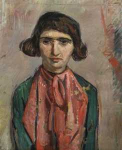Portrait of a Woman with a Red Silk Scarf and a Green Dress