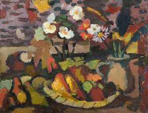 Still Life with a Fruit Bowl and a Jug with Flowers