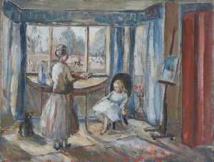 Interior with a Girl Seated in a Chair and an Elderly Lady Standing