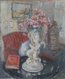 Vista di una Camera con un Statuetta di un Cupido Detenzione fiori rosa
