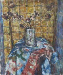 A Vase of Flowers on a Floral Tablecloth against a Yellow Tiled Wall