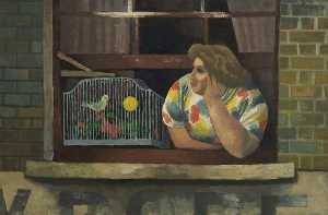 donna con gabbia per uccelli  come  finestra