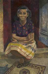 donna seduta su  gradino della porta