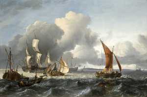 il mercante spedizione anchorage via Texel Isola con oude schild in lontananza