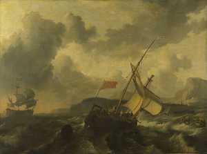 An English Vessel and a Man of war in a Rough Sea off a Coast with Tall Cliffs