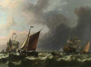 holländische männer der krieg und klein Schiffe im ein frische brise aus Enkhuizen
