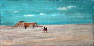 Desert Landscape with a Remote Building, Figures and Horses
