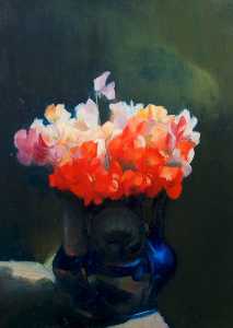 Sweet Peas in a Blue Glass Vase