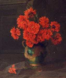 红色罂粟花 在  一个  花瓶  绘画