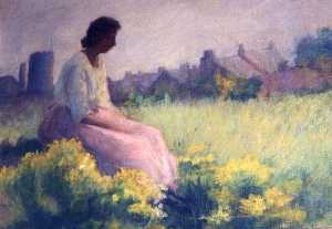 女性 在  粉红色 短裙 坐在 一个 领域 , ( 绘画 )