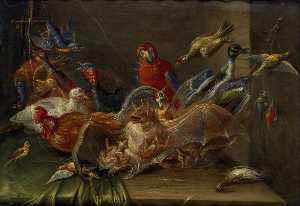 Decorative Still Life Composition with Birds and two Bats