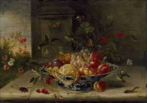 Decorative Still Life Composition with a porcelain Bowl, Fruit and Insects