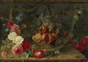 Decorative Still Life Composition with a Basket of Fruit