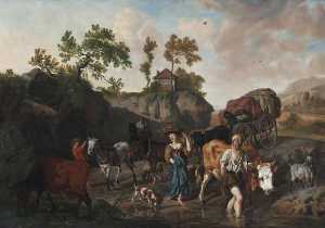 Landscape with an Old Herdsman and Young Market Girl Fording a Stream Followed by Two Horse and Carts with Grooms