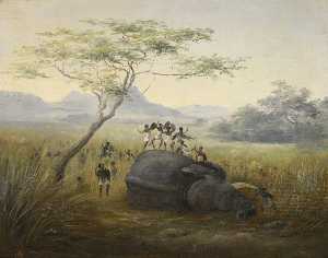 Un Guasto Elefante Cacciatori con gli scudi e le lance dancing sulla carcassa