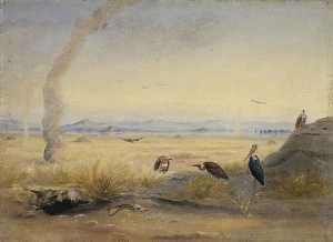Sterile Paesaggio con Avvoltoi e adjutant Uccello accanto un Carcassa