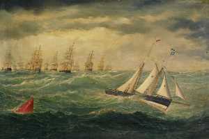 Liverpool Pilot Schooner No.2, the 'Leader', Leading a Fleet of Vessels Over the Mersey Bar During a Gale, 8 February 1881