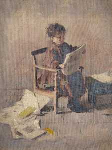 Seated Child Reading a Newspaper